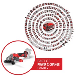 Einhell Axxio 18/125 Akku-Winkelschleifer mit Power X-Change Akku im Einsatz mit Zubehör.