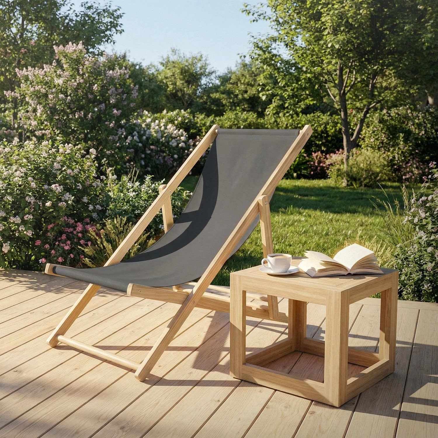 2er Set klappbare ECD Germany Holz-Liegestühle in Anthrazit mit Beistelltisch im Garten.