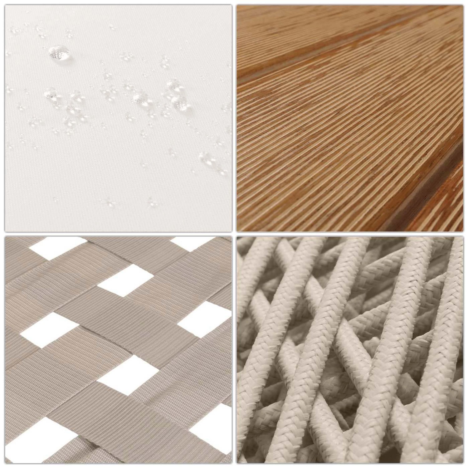 Detailansicht Gartengarnitur: Wasserabweisender Bezug, Akazienholz, Seilgeflecht, elastisches Band.