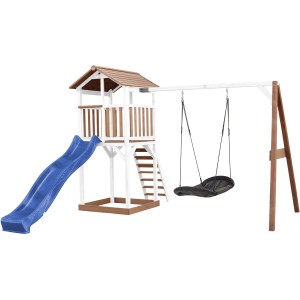 Axi Beach Tower Spielturm mit Nestschaukel und blauer Rutsche. Holz in Braun und Weiß.