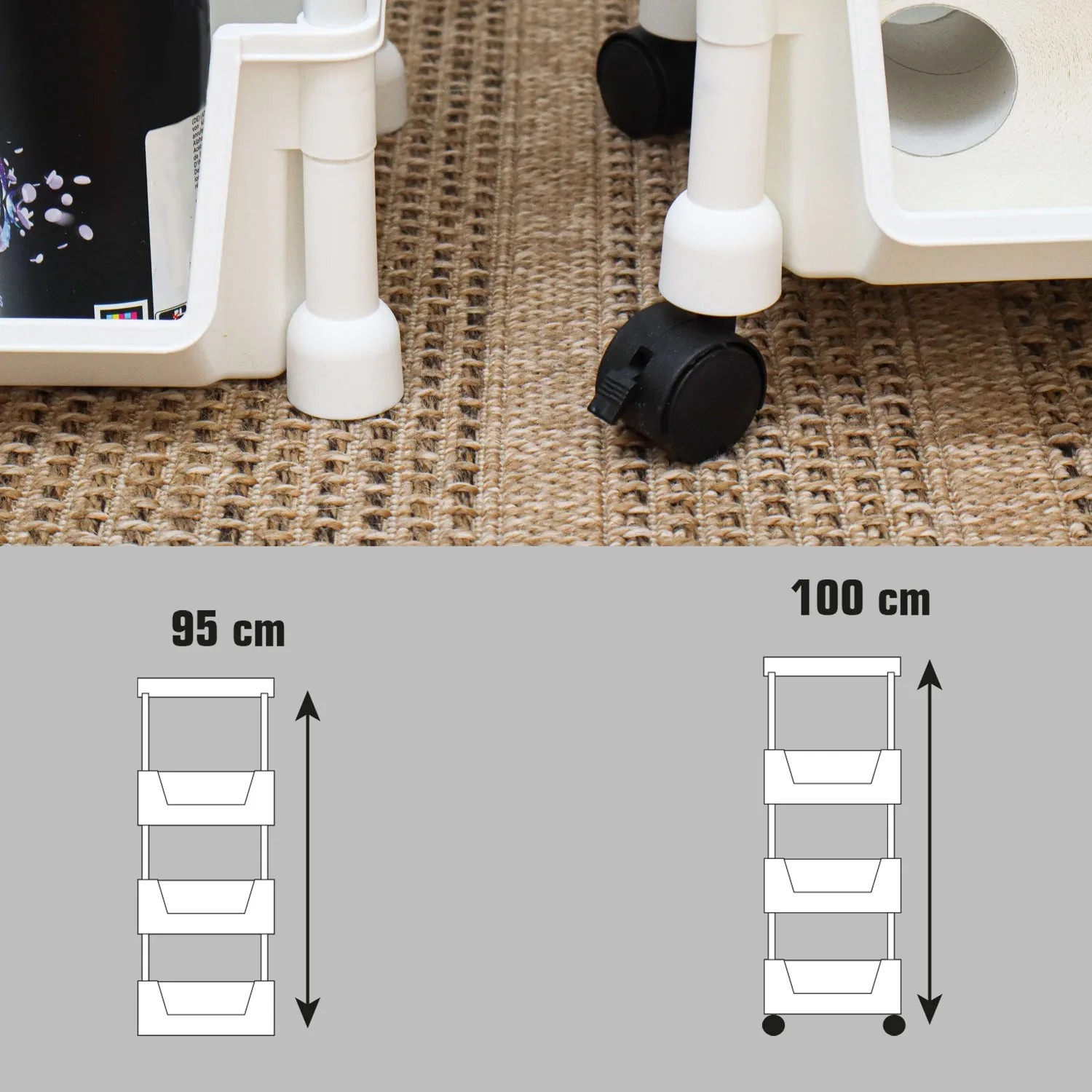 Detailaufnahme: Weißer MAKLIK Küchenrollwagen mit 3 Körben und Maßangaben.