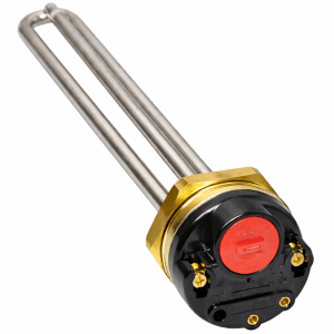 Heizpatrone 2000W mit Edelstahl-Heizelement, Messing-Schraubkopf und Thermostat für Warmwasserspeicher DN 32.