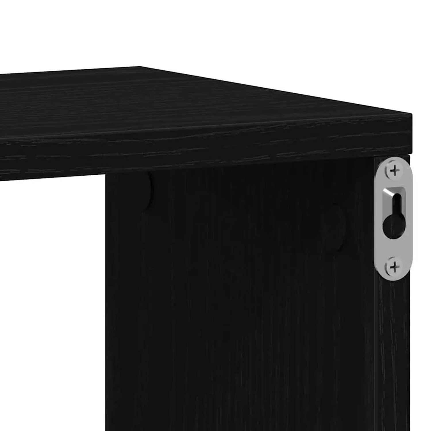 Detailansicht: Schwarzes Würfelregal in Eichen-Optik mit Wandhalterung.