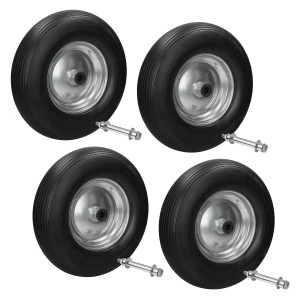 4er Set Schubkarrenräder mit Achse, PU Vollgummi, 390mm, schwarz/silber