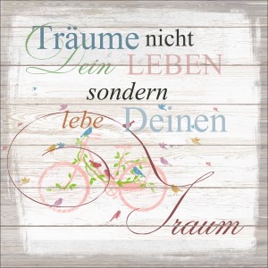 Dekopanel 29x29 cm mit Spruch und Fahrrad-Motiv auf Holzoptik. Wandbild für Wohnraumgestaltung.