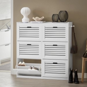 Weißer SoBuy Schuhschrank FSR145-W mit 6 Klappen und Haken für Flur oder Wohnzimmer.