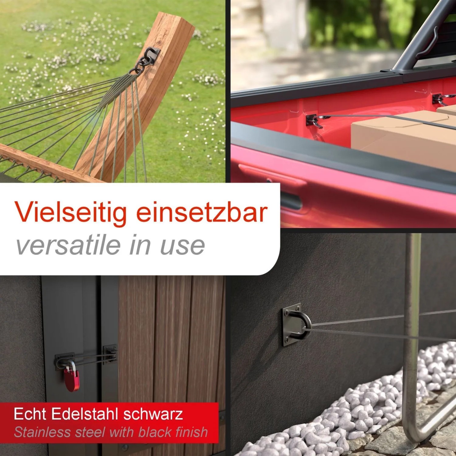 Anwendungsbeispiele der schwarzen SOTECH Befestigungsöse aus Edelstahl V2A SS304.