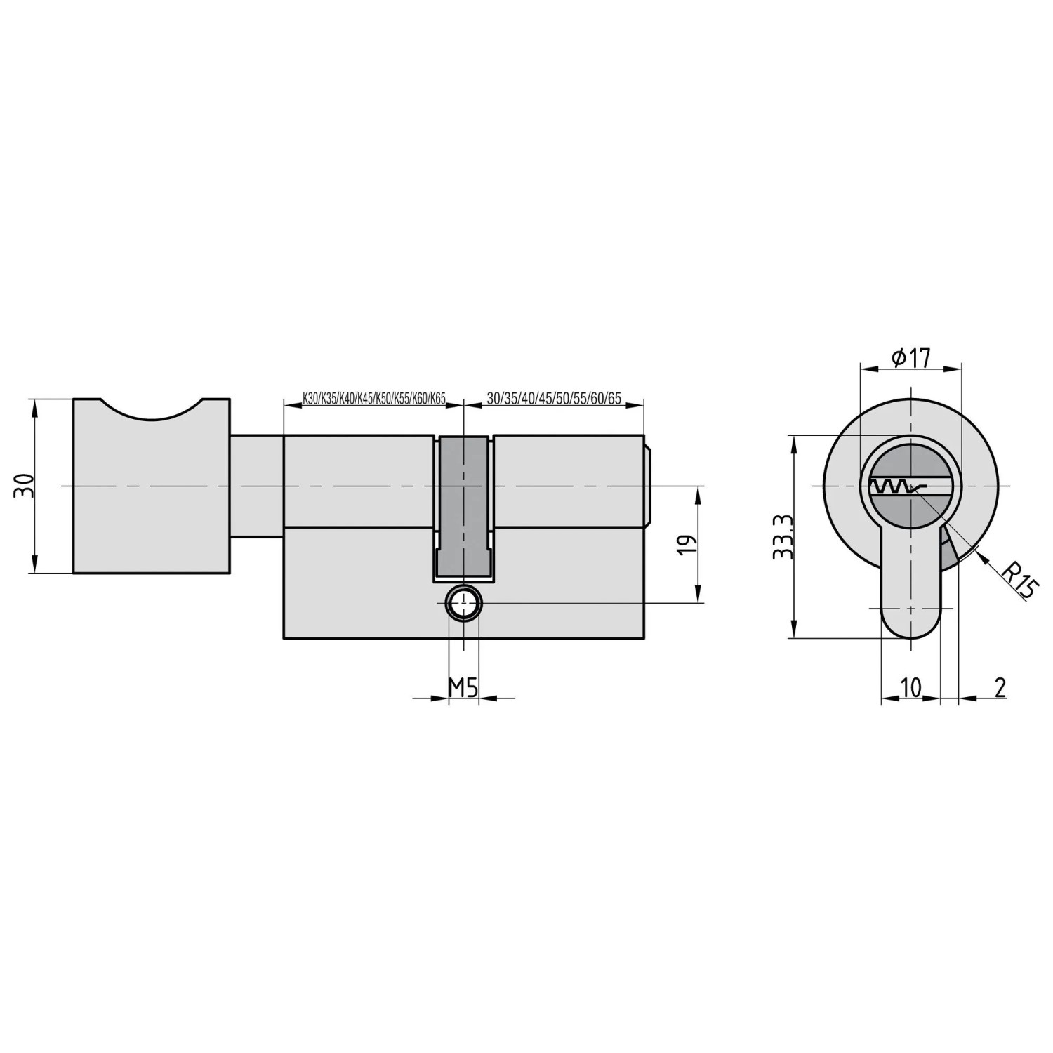 Technische Zeichnung Basi Profilzylinder K40/40 mm, Knauf links, Maße in mm.