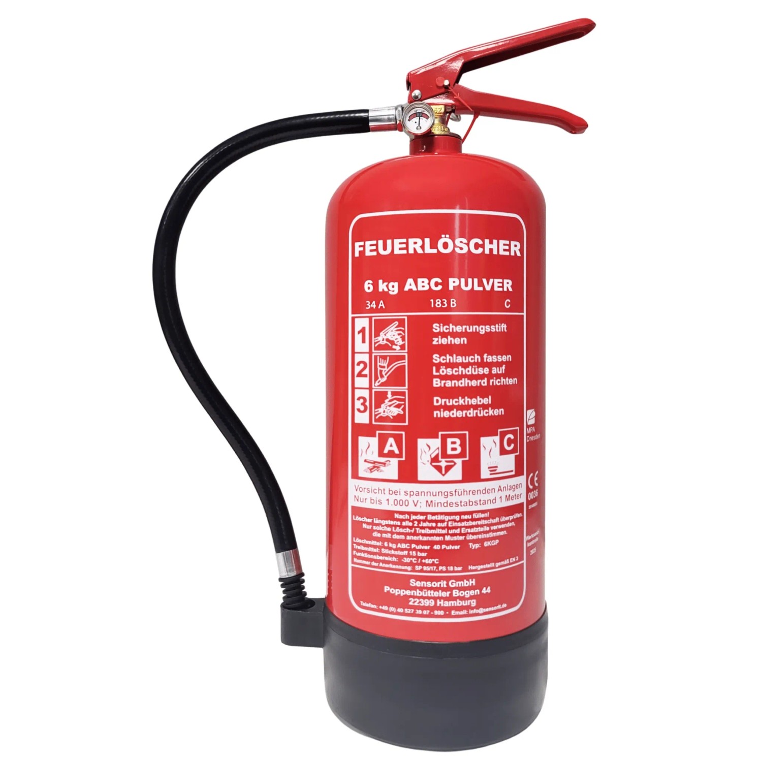Sensorit Feuerlöscher 6kg Pulverlöscher Autolöscher ABC Pulver Pulver Feuerlöscher inkl. Halterung und Prüfschild