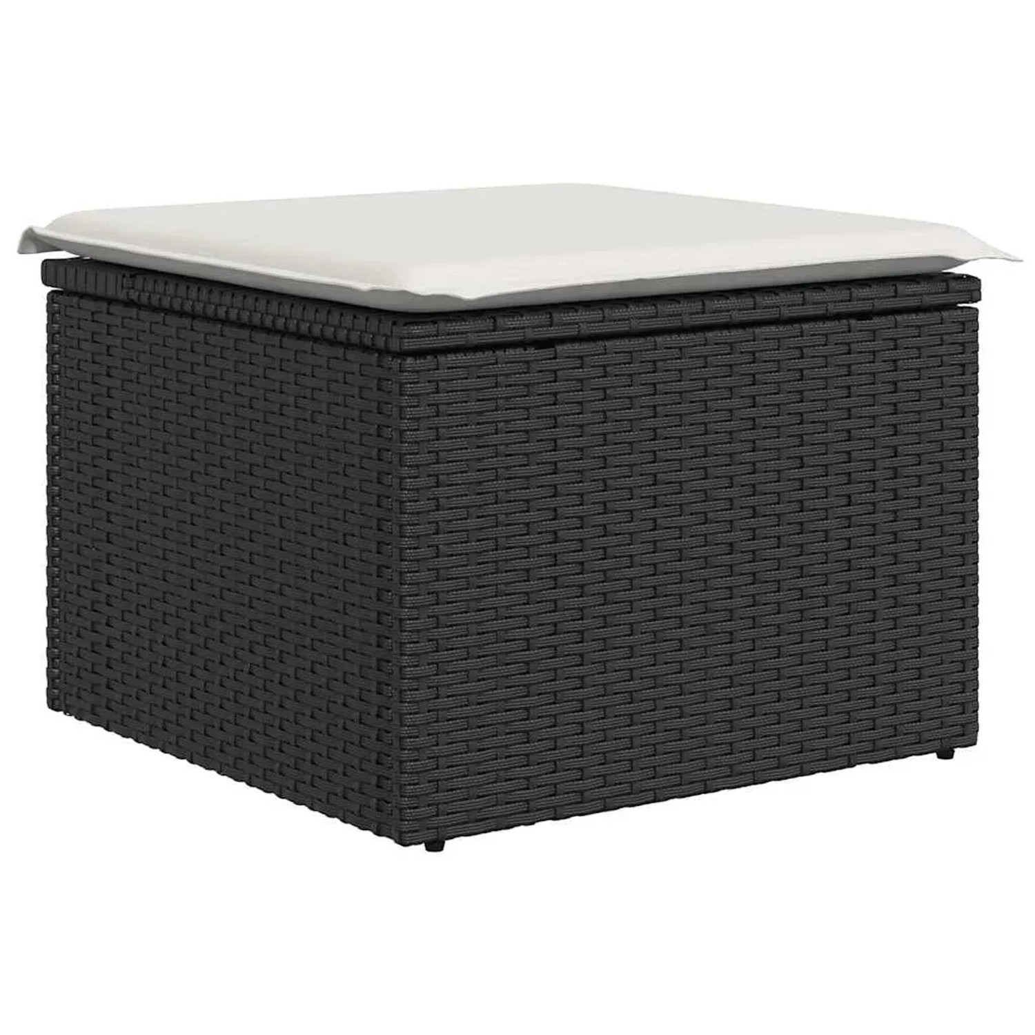 Schwarzer vidaXL Garten-Fußhocker aus Rattan mit creme-weißem Kissen, Teil der Sofagarnitur.