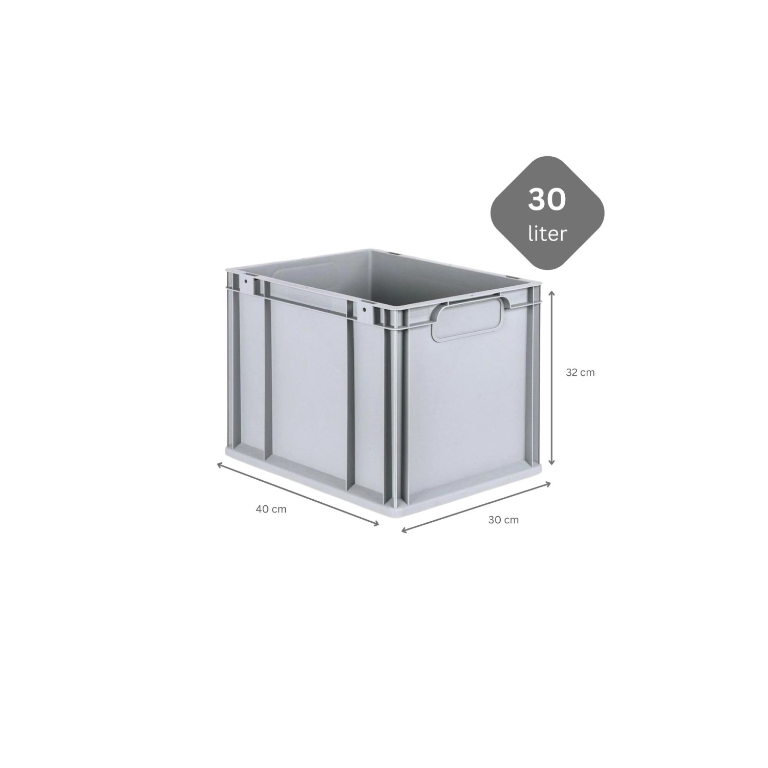 Graue PROREGAL Eurobox Nextgen Economy (32x30x40 cm) mit Auflagedeckel und Schiebeschnappverschlüssen.