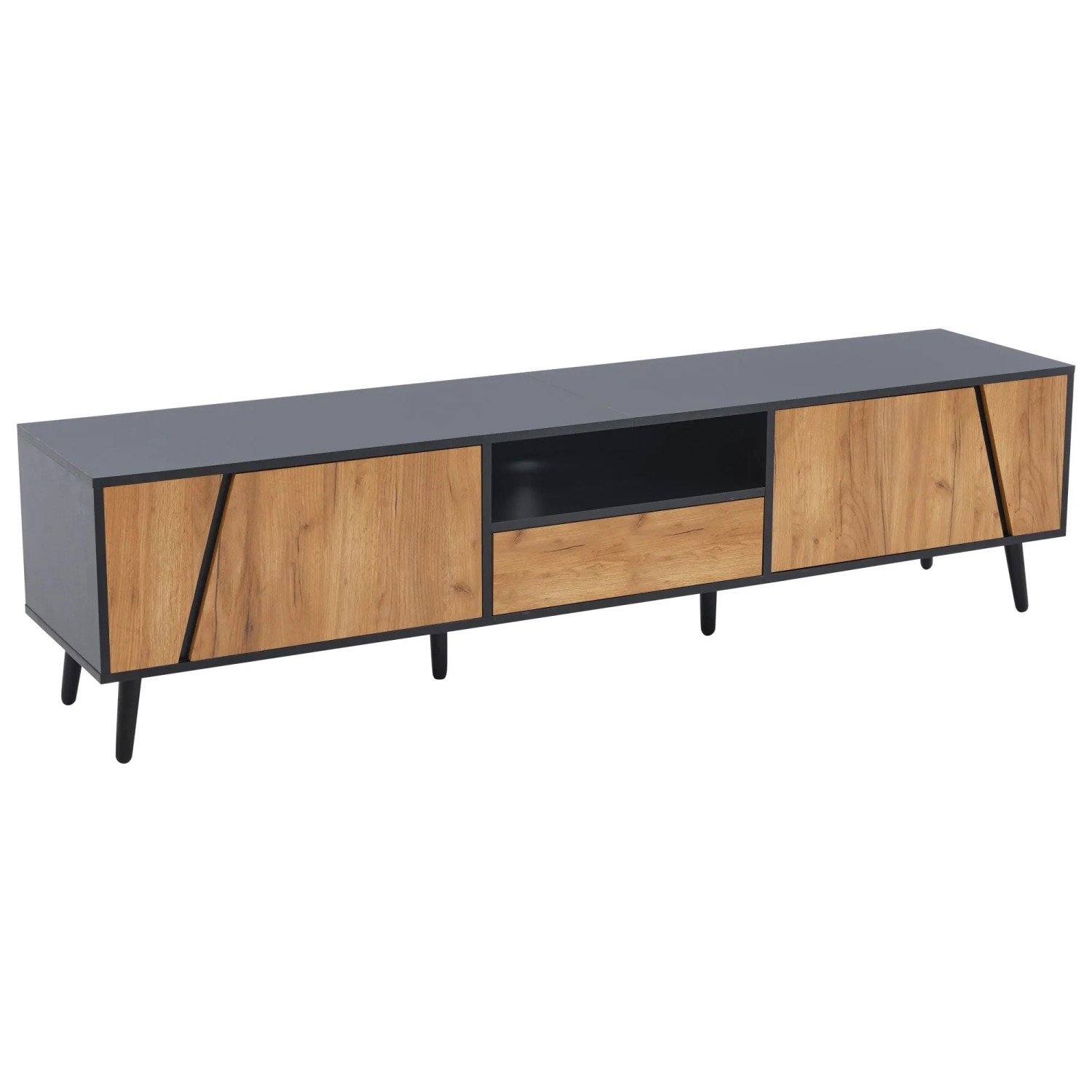 okwish TV Schrank mit Rattan Schiebetür Schubladen Fächern 175x38x45cm Natur