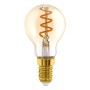 Dimmbares Eglo E14 LED Leuchtmittel in Globeform mit warmweißem Licht und goldfarbener Fassung.