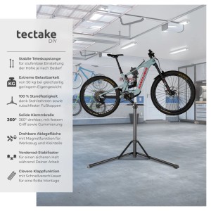 Tectake Fahrradmontageständer Jan mit Fahrrad, klappbar, höhenverstellbar und 360° drehbar.