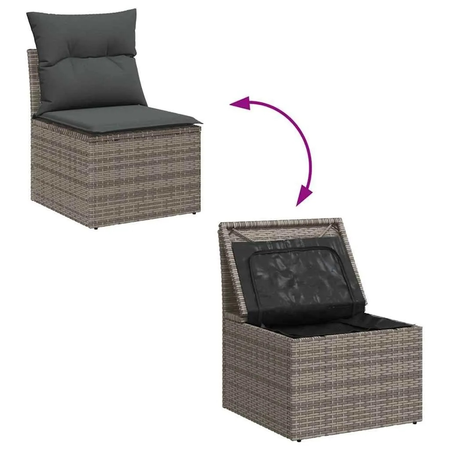Graues Poly-Rattan Gartensofa mit Kissen und Staufach. Die Ansicht zeigt die praktische Aufbewahrungsfunktion.