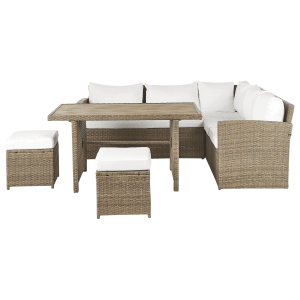 Beliani Lounge Set BARDI, weiß-braun: Gartenmöbel-Set mit Ecksofa, Tisch und Hockern.