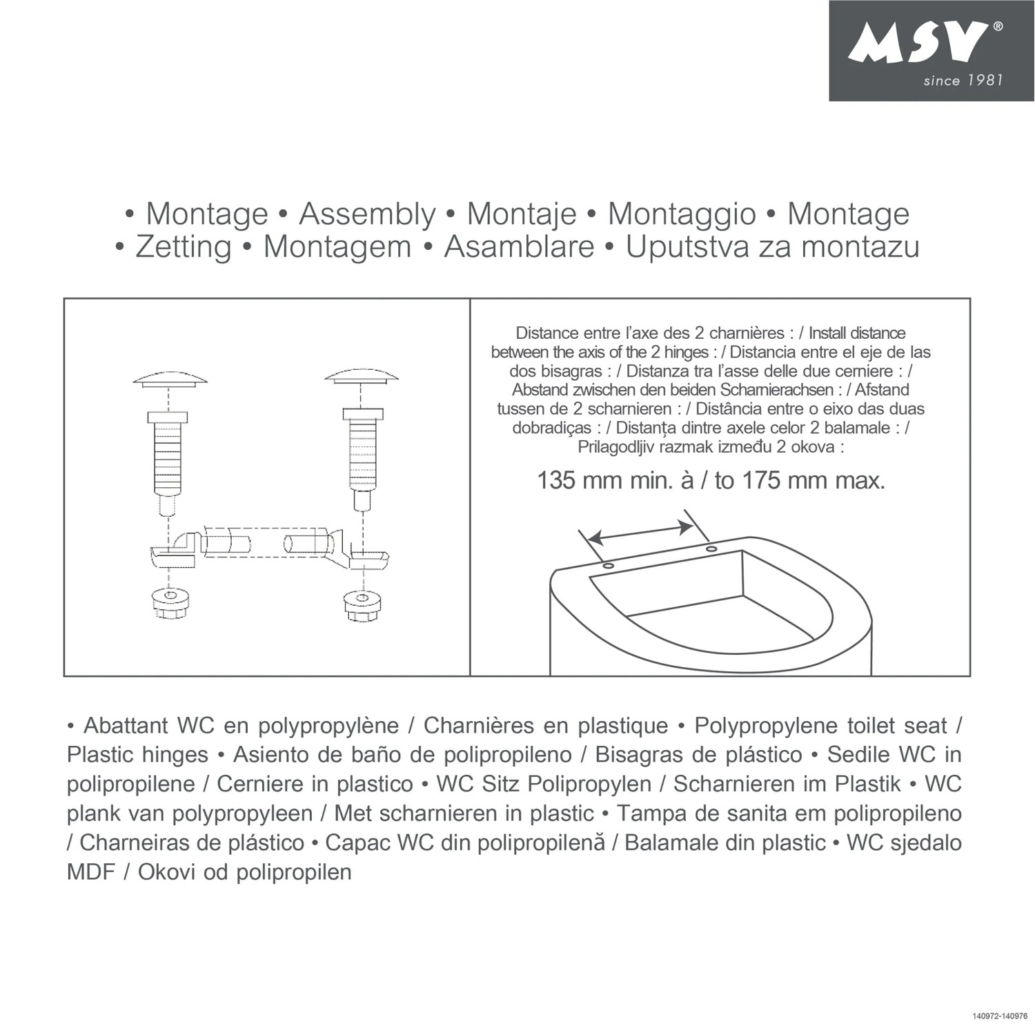 Montageanleitung für MSV WC-Sitz aus Polypropylen, weiße Ausführung.