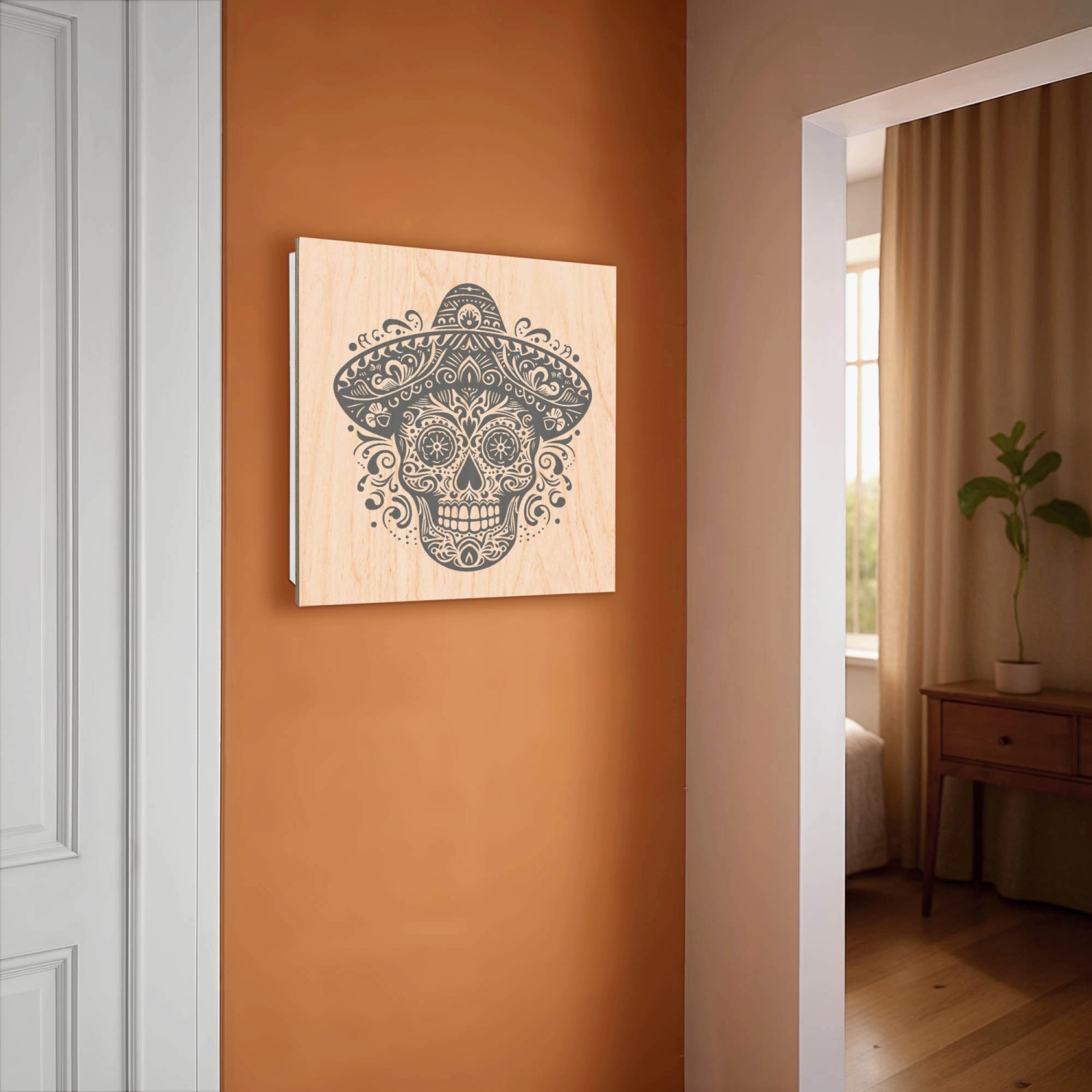 Weißer Schlüsselkasten aus Holz mit Totenkopf und Sombrero Motiv, 30x30cm, für 50 Schlüssel.