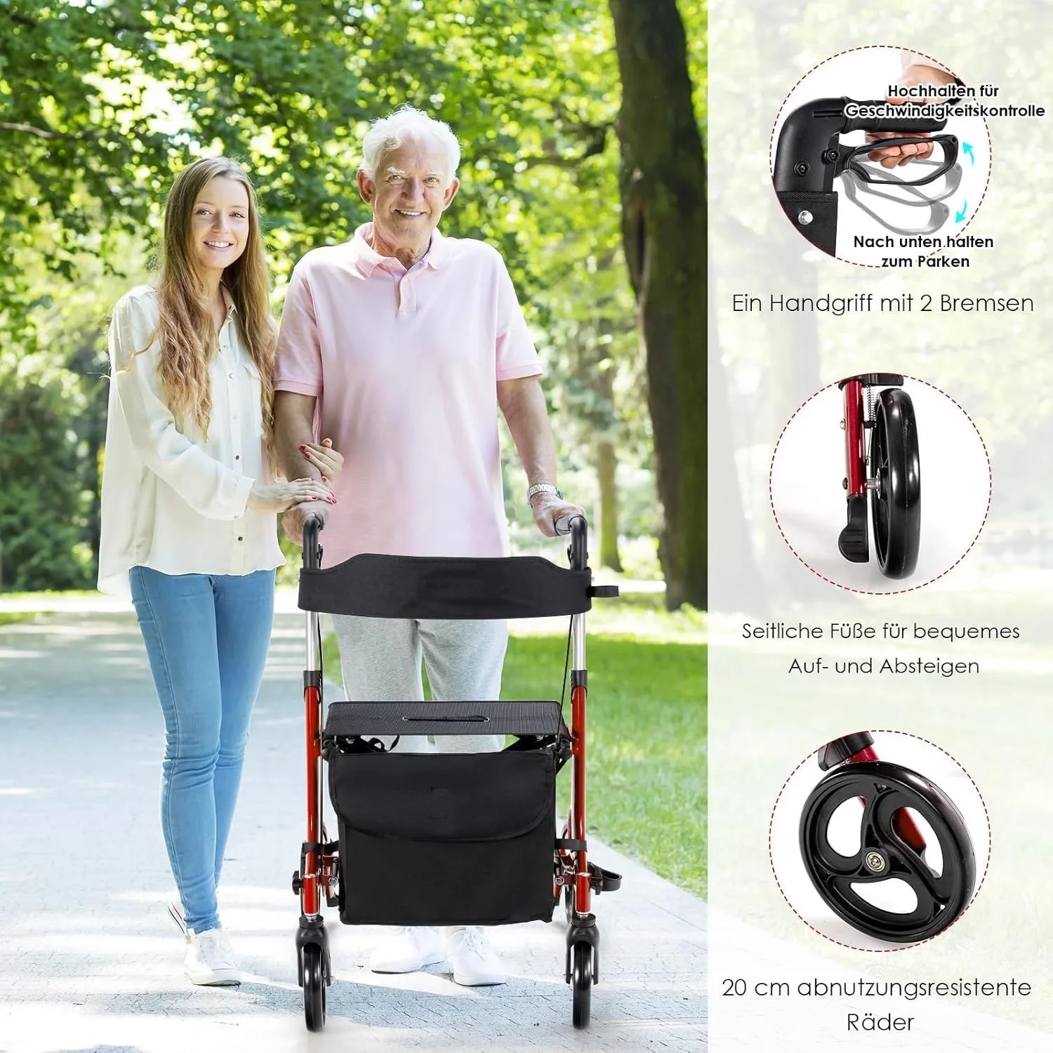 Costway Rollator Faltbar und Leicht 2-In-1 Ruhestuhl & Reiserollator Rot_5