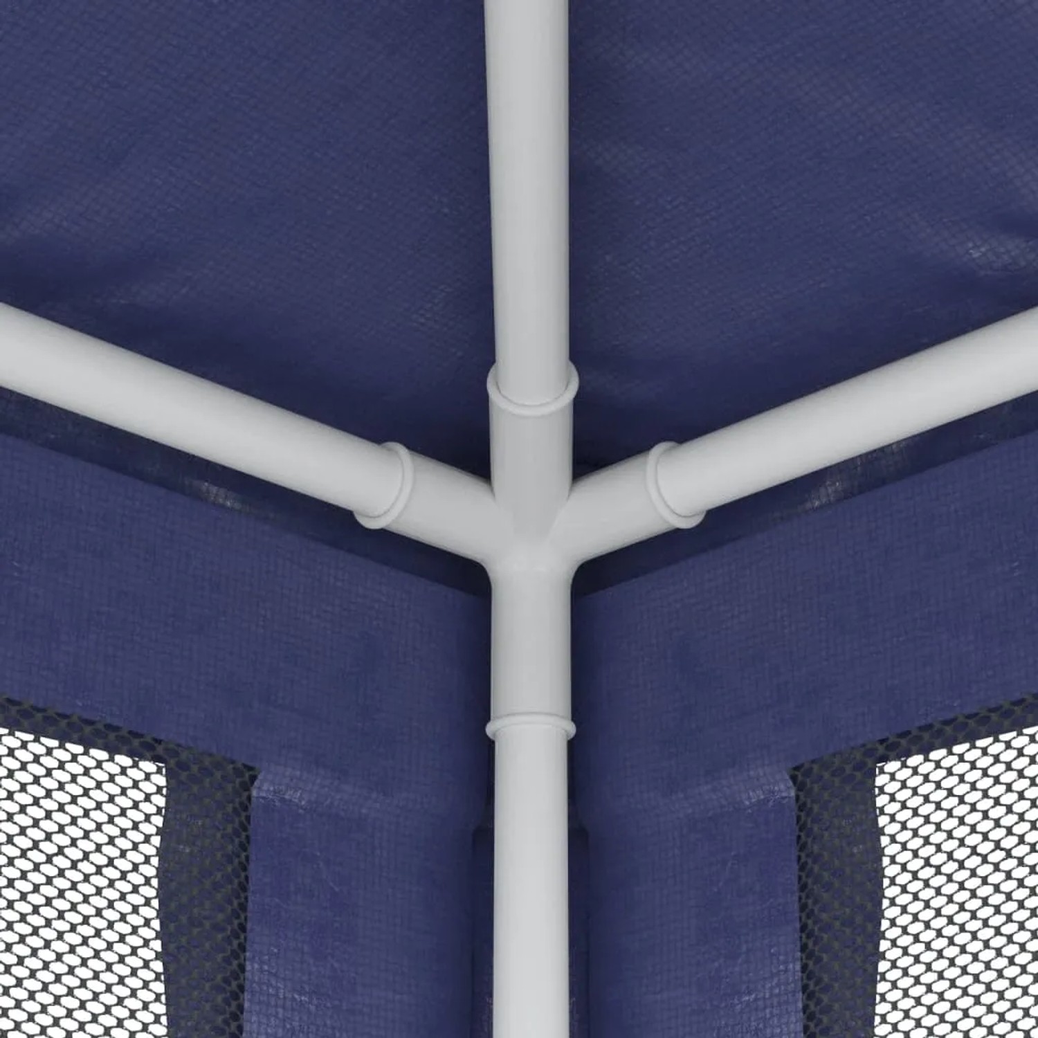 Detailaufnahme blaues Partyzelt mit Mesh-Seitenwänden und weißem Gestänge.