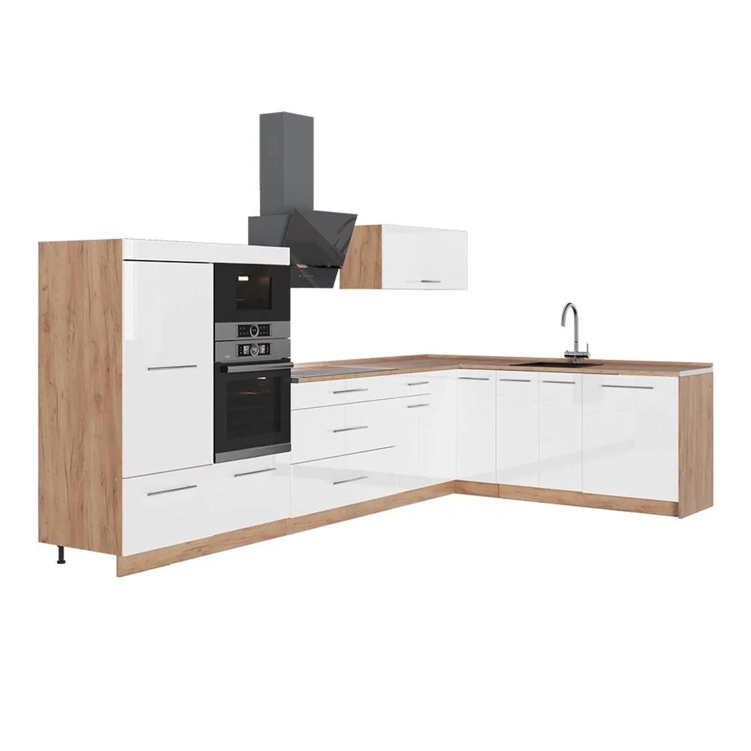 Vicco Eckküche Fame-Line Weiß Hochglanz/Goldkraft Eiche 347 x 154 ohne Arbeitsplatte Art Nr 63616