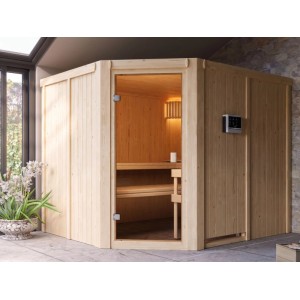 Karibu Innensauna Celine: helle Massivholzsauna mit 68mm Wandstärke, Glastür, Eckeinstieg und Holzbänken.