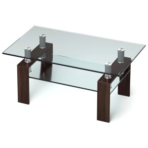 Moderner Couchtisch aus Glas mit zwei transparenten Platten und braunem Holzgestell. Wohnzimmertisch mit Edelstahl-Details.