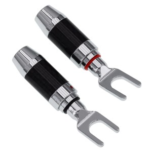 Dynavox Kabelschuhe, Carbon/Rhodiniert, 2er-Set. Audio Kabelschuhe mit Gabel und Carbon-Hülse.