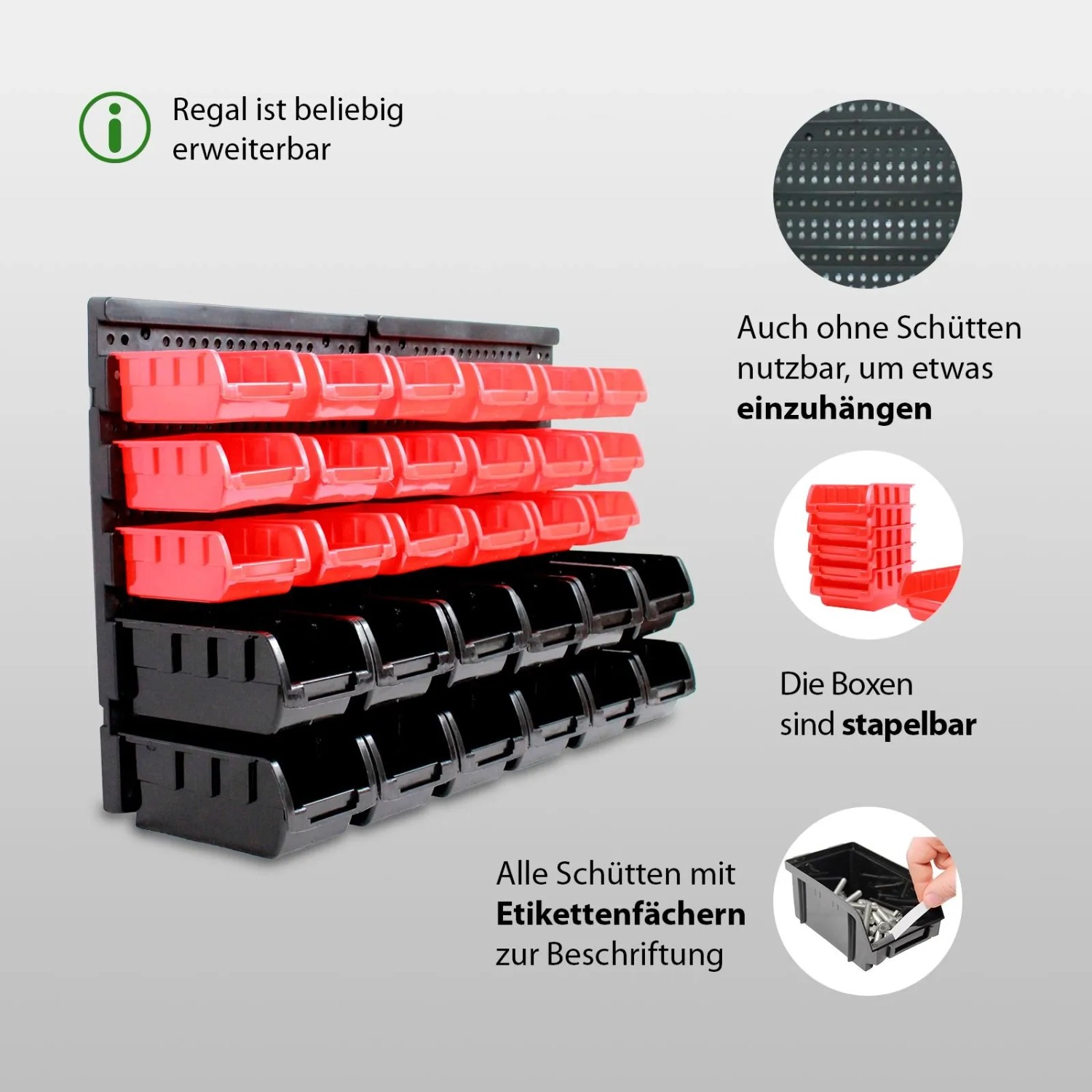 TRUTZHOLM Stapelboxen Mit Wandregal Rot 32 Teile Kleinteilemagazin_4