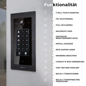 Schwarze Balter EVO HD Touch Video Türsprechanlage mit 7 Zoll Touchscreen und Kamera, an Wand montiert. Sicherheit & Haustechnik.