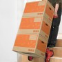 Pro-Bau-Tec Treppensteiger Sackkarre mit drei OBI Umzugskartons auf einer Treppe.