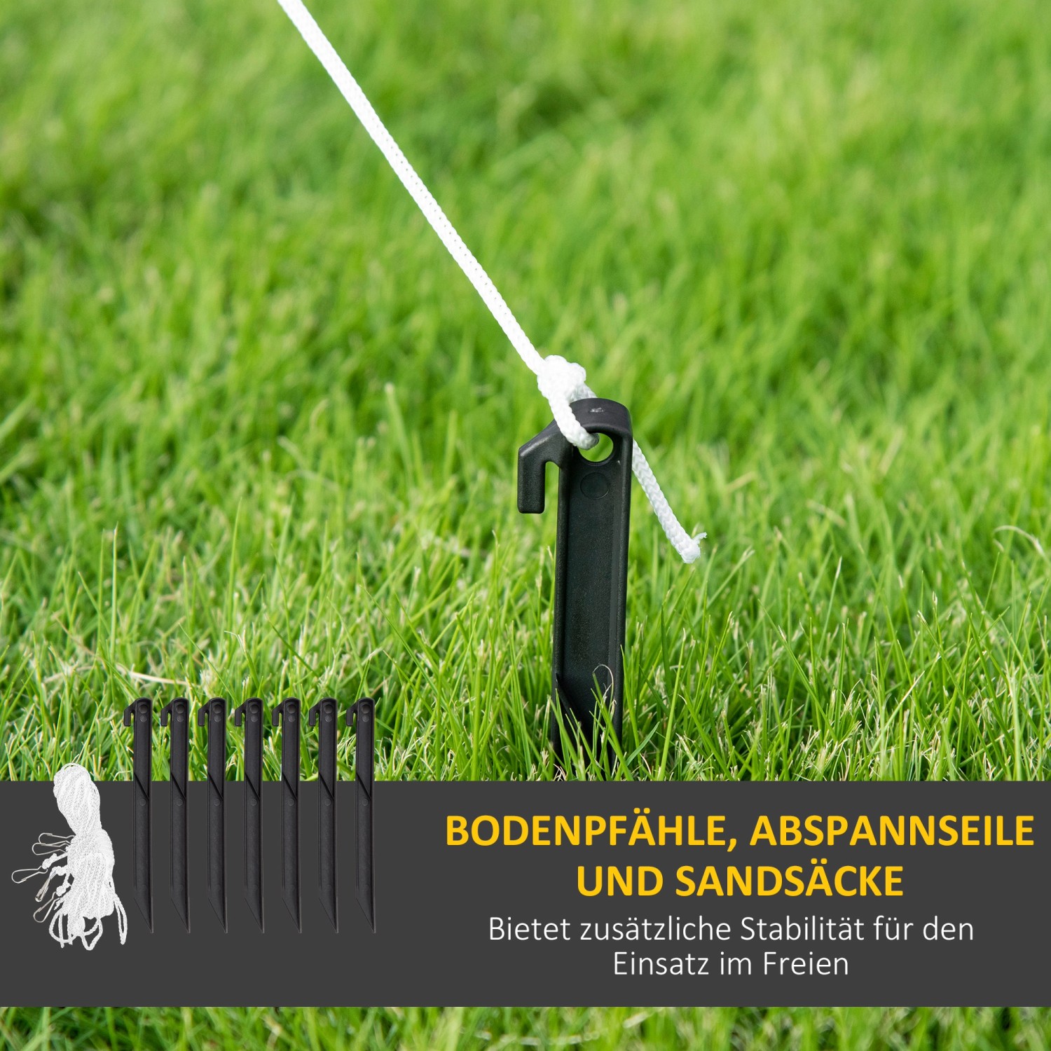 Erdspieße, Abspannseile und Sandsäcke für aufblasbaren Outsunny Schneemann zur Weihnachtsdekoration.