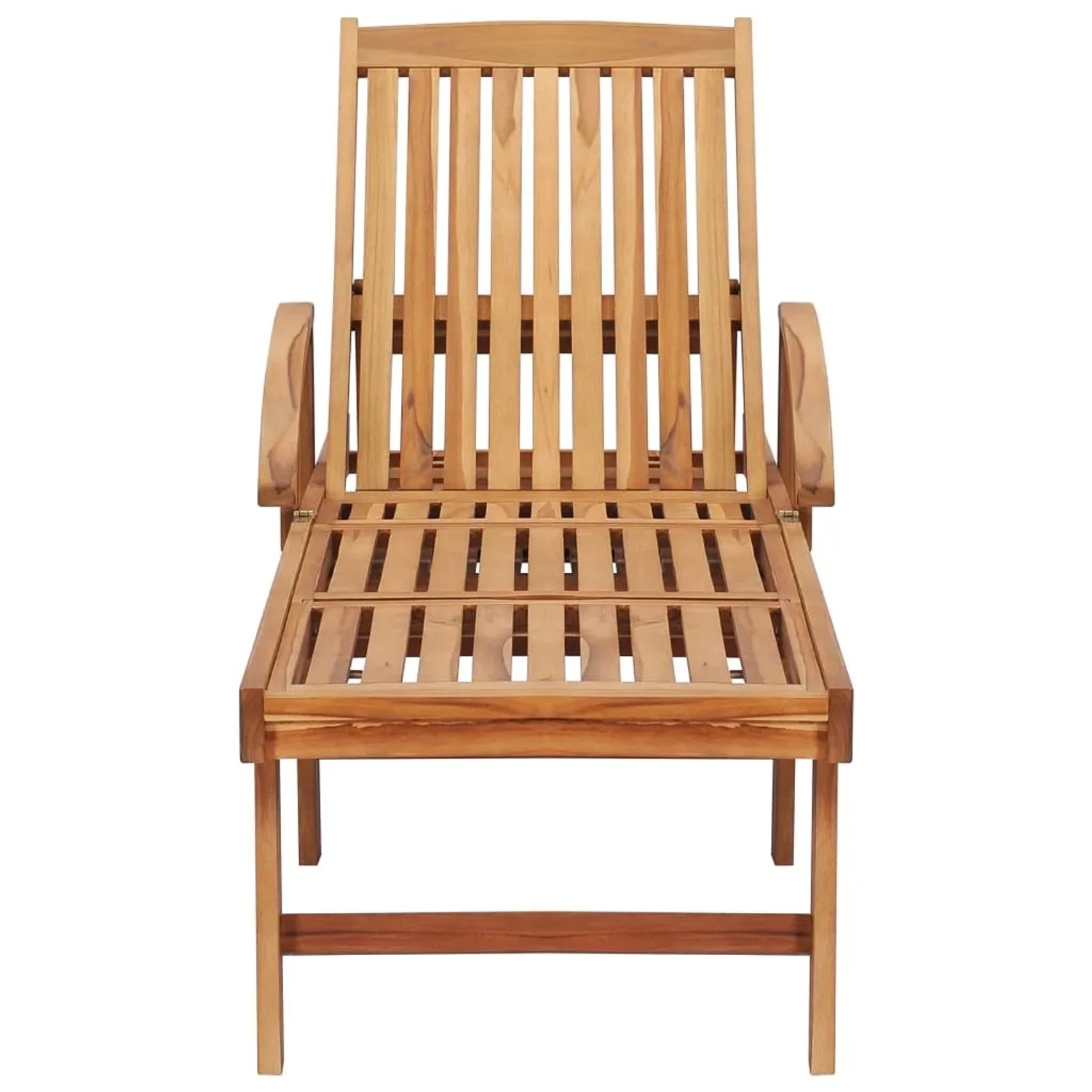 Sonnenliege aus Teakholz mit Tisch und blauer Auflage. Gartenliege mit verstellbarer Rückenlehne.
