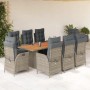 9-teilige Garten-Essgruppe aus grauem Poly Rattan mit Kissen.