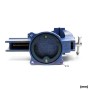 Blauer Wiltec Heavy Duty Schraubstock mit 75mm Klemmbacken, offener Spindel und Amboss. Maße für Werkbank-Montage.