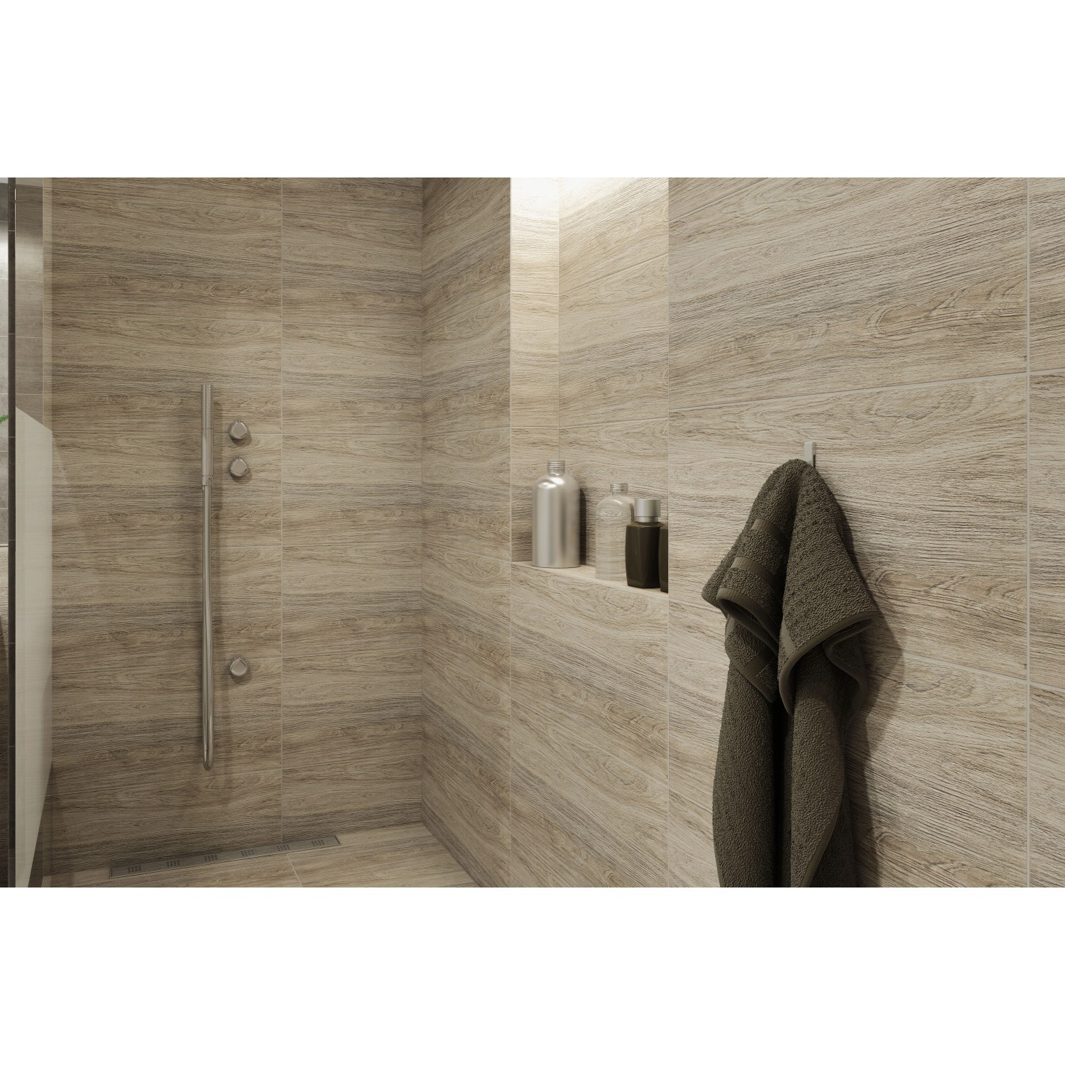 Beige Bodenfliese Tizura in Holzoptik, glasiertes Feinsteinzeug für Bad und Wohnraum.