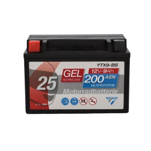 Cartec GEL Motorradbatterie YTX9-BS 9Ah 200A, wartungsfreie Batterie für Motorrad, Quad und Schneemobil.