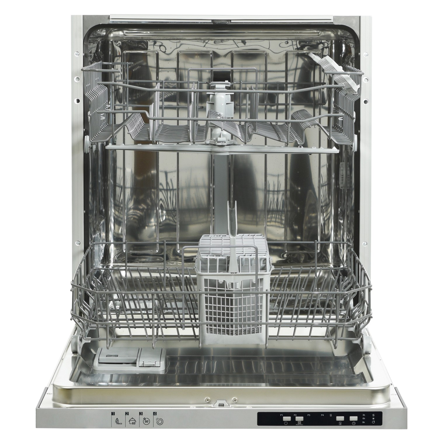 Offener, vollintegrierter Geschirrspüler der Küchenzeile Florida mit Besteckkorb und Spülkörben.