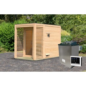 Karibu Saunahaus Rolous 1, naturbelassen, mit Ofen und externer Steuerung. Holzsauna für den Garten.
