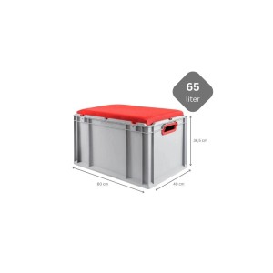 Graue Eurobox Sitzbox NextGen mit rotem Sitzkissen, 65 Liter, offene Griffe. Stapelbarer Transportbehälter.