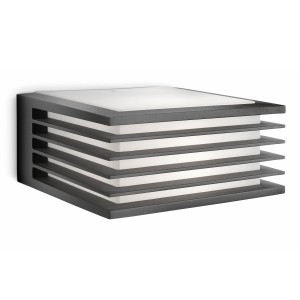 Anthrazitfarbene Philips Shades Außenwandleuchte mit horizontalen Lamellen für Lichteffekte.