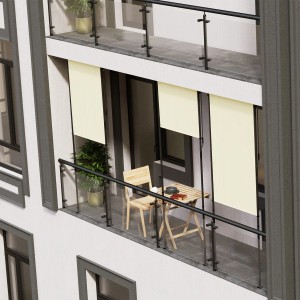 Beige Juskys Senkrechtmarkise Barbados 100x310 cm am Balkon als Sicht- und Sonnenschutz.
