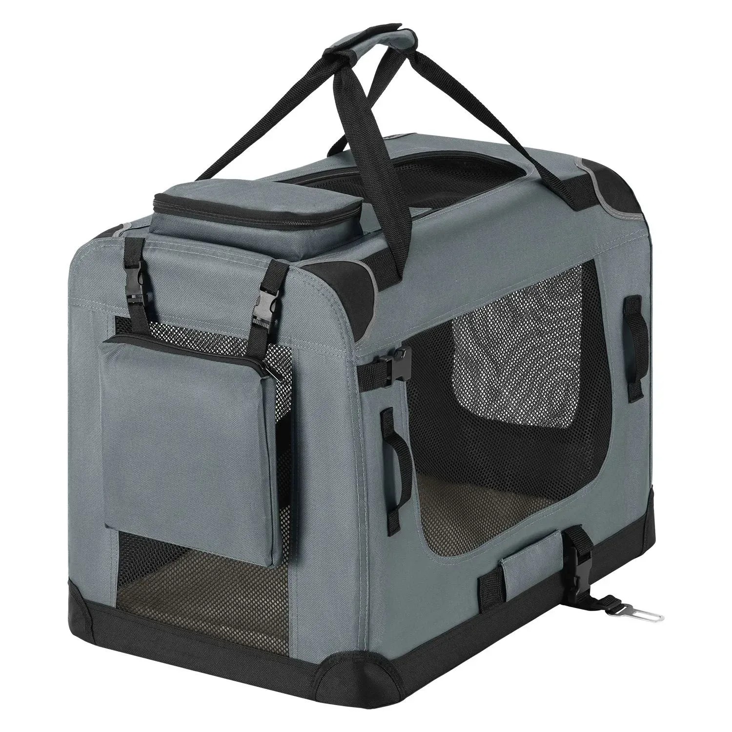 Faltbare, dunkelgraue Hundetransportbox Lassie L von Juskys aus Oxford-Gewebe mit Tragegurt und Außentasche.