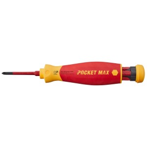 Roter Wiha PocketMax Electric Schraubendreher mit gelbem Griff, schwarzem SlimBit und integriertem Bitdepot. Ideal für Elektriker.