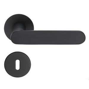 Schwarze, matte Türdrückergarnitur mit Flachrosette für Innentüren.
