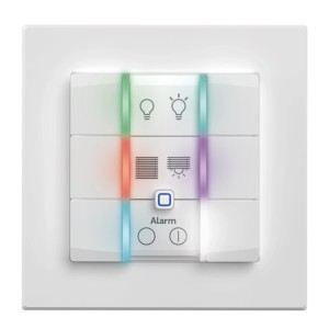 Weißer Homematic IP Wandtaster 6-fach für Hausautomation, mit farbigen LEDs und Symbolen für Licht, Rollläden, Alarm.