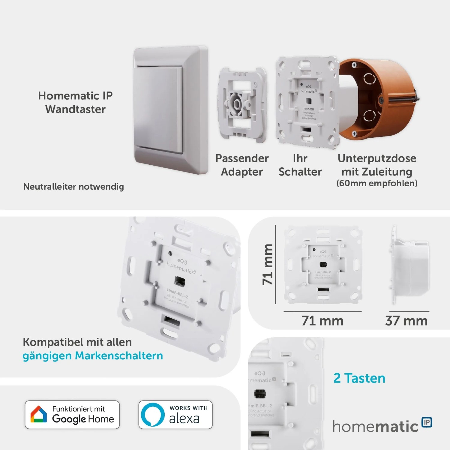 Homematic IP Jalousieaktor für Markenschalter mit Adapter und Unterputzdose, Detailansichten und Maße.
