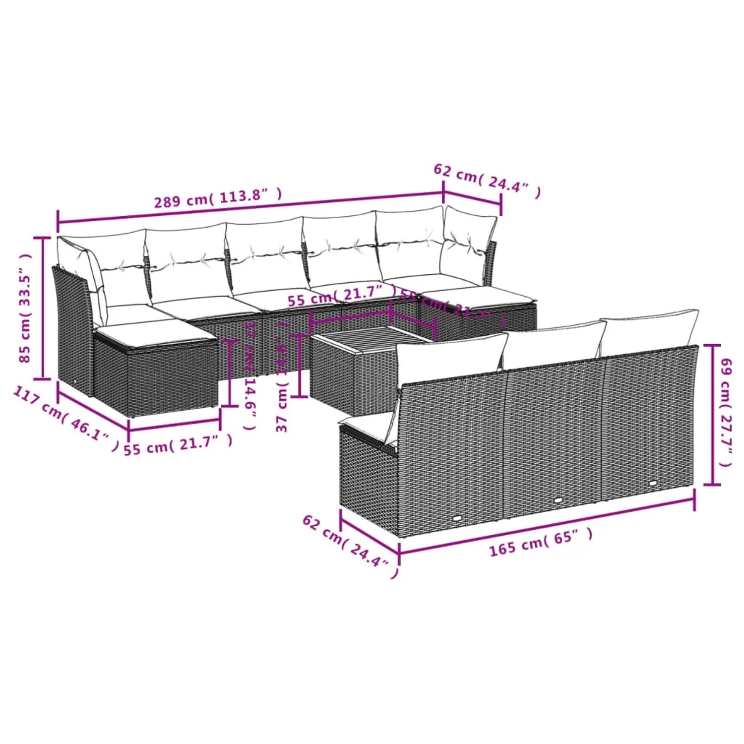 vidaXL Garten-Sofagarnitur, 11-teilig, schwarz, Poly Rattan mit Kissen und Maßen.