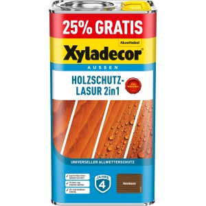 Xyladecor Holzschutz-Lasur 2in1 Nussbaum, 4+1L Dose für den Außenbereich. Holzlasur mit Wetterschutz.