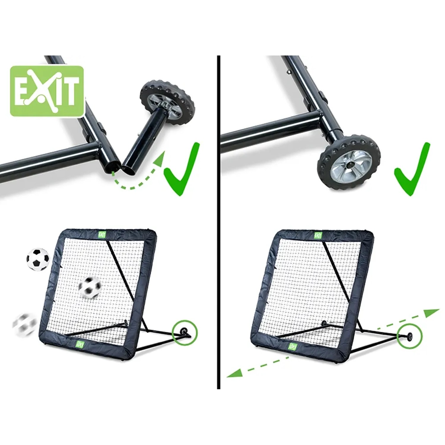 EXIT Kickback Multisport Rebounder XL mit Montage und Ball im Einsatz.